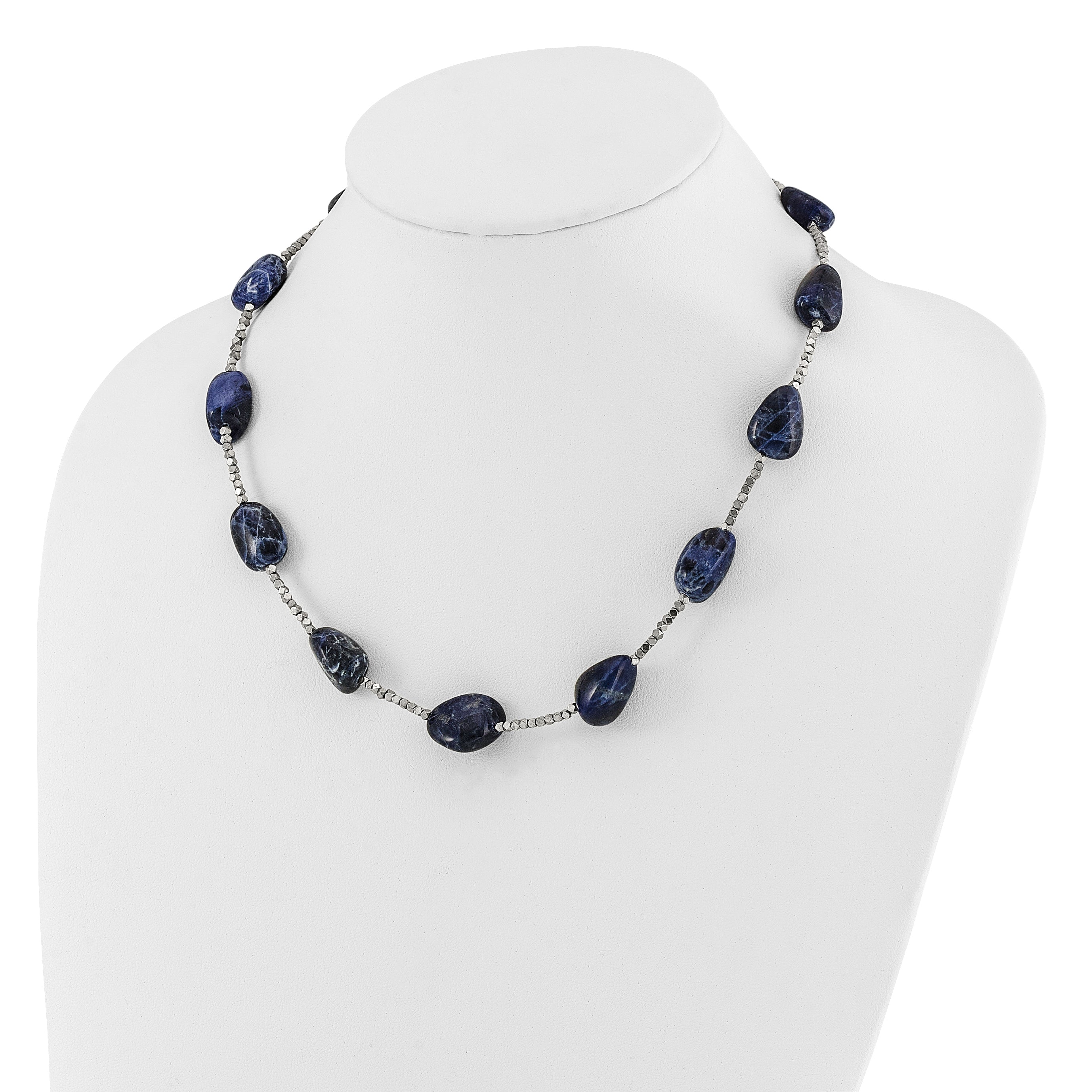 Sterling Silver Blue Quartz, Sodalite and Hematite 2in ext Necklace