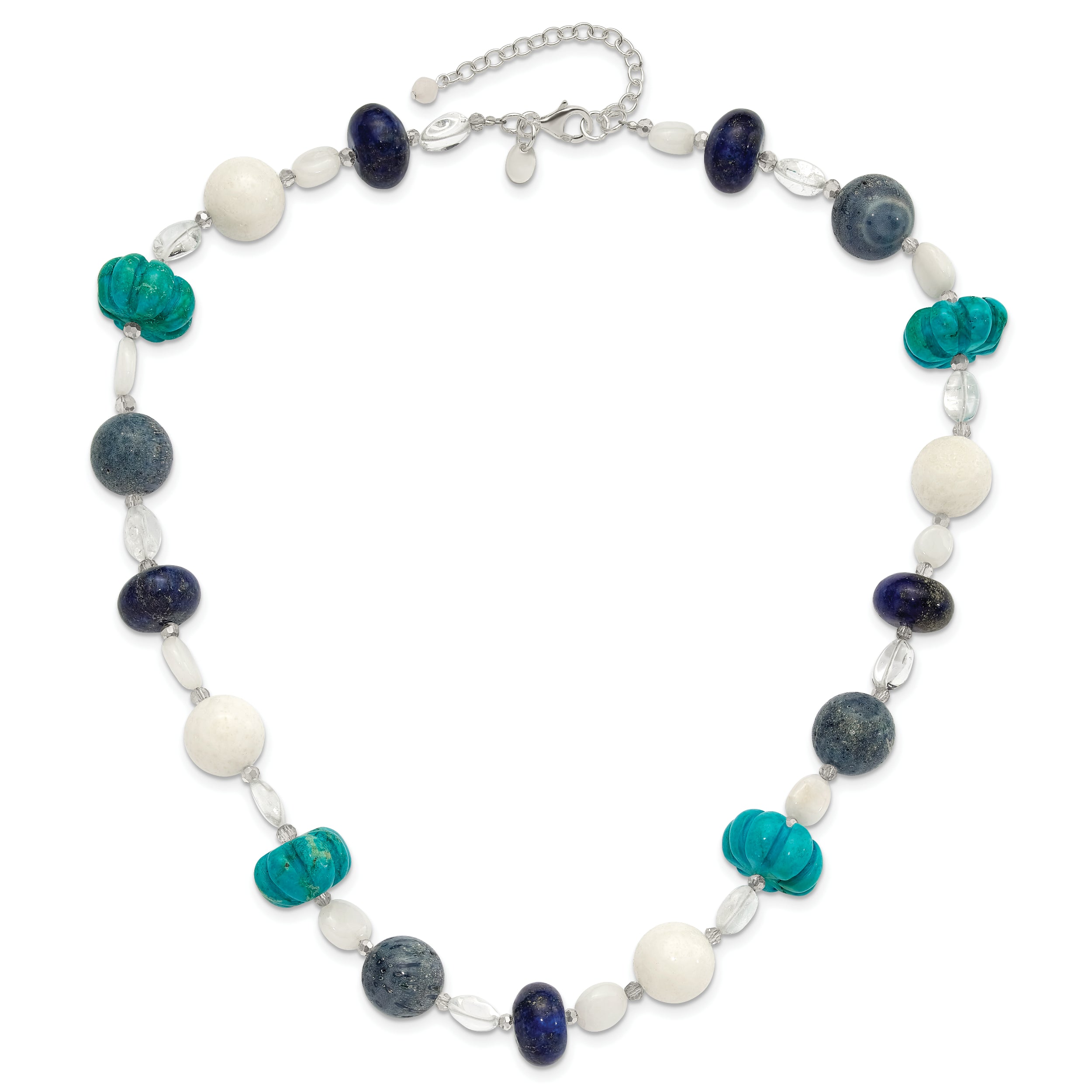 Sterling Silver Coral,Howlite,Jade,Lapis,Quartz,Crystal 2in ext Necklace