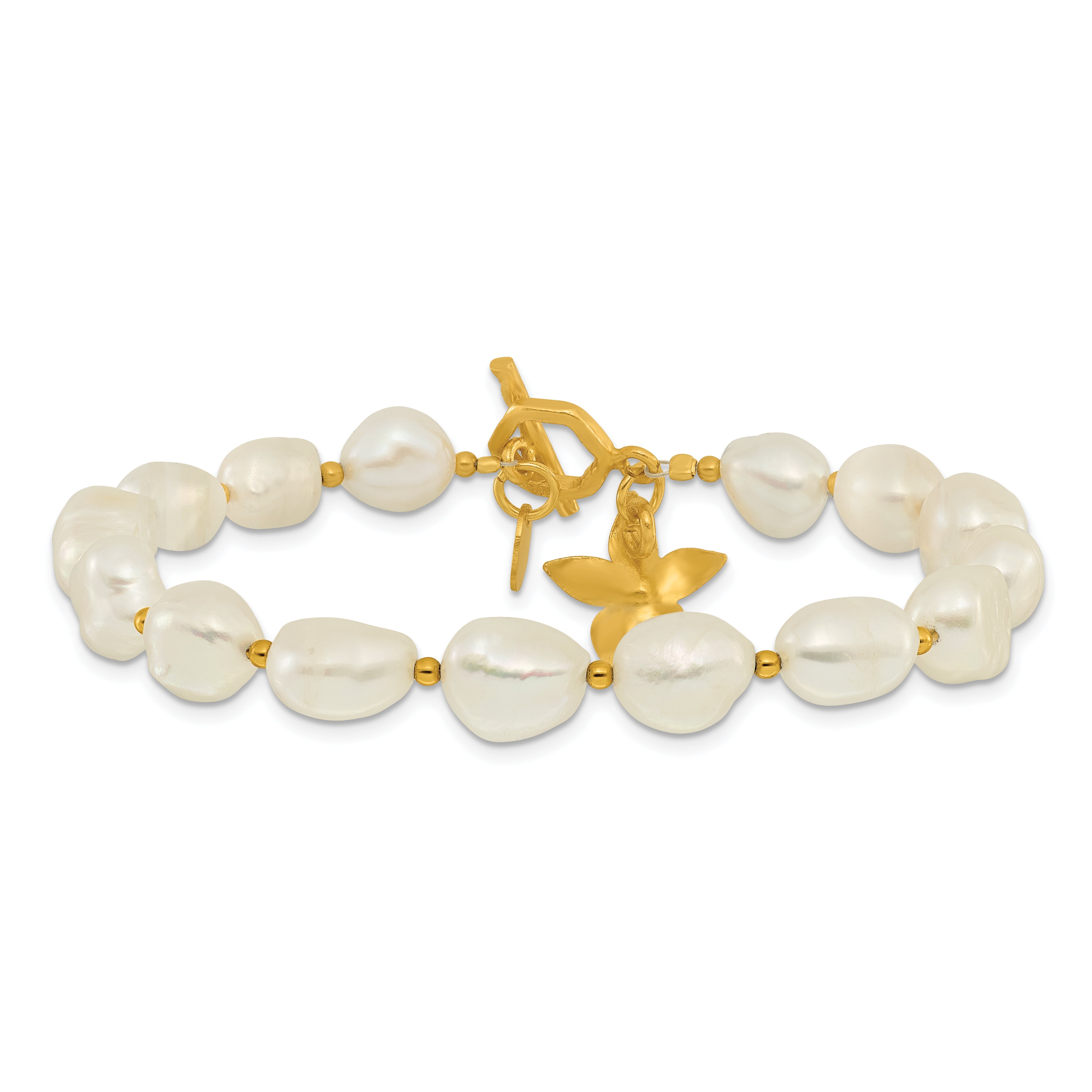 Sterling Silver Gold-plated FWC Pearl Flower 7.5in Toggle Bracelet