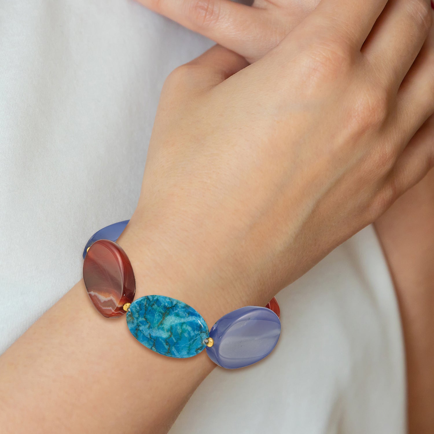 Sterling Silver Gold-plated Blue Agate/Red Sardonyx Stretch Bracelet