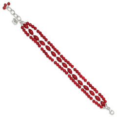 Sterling Silver Coral Beaded 3-Strand 7.75in w/1in ext Bracelet