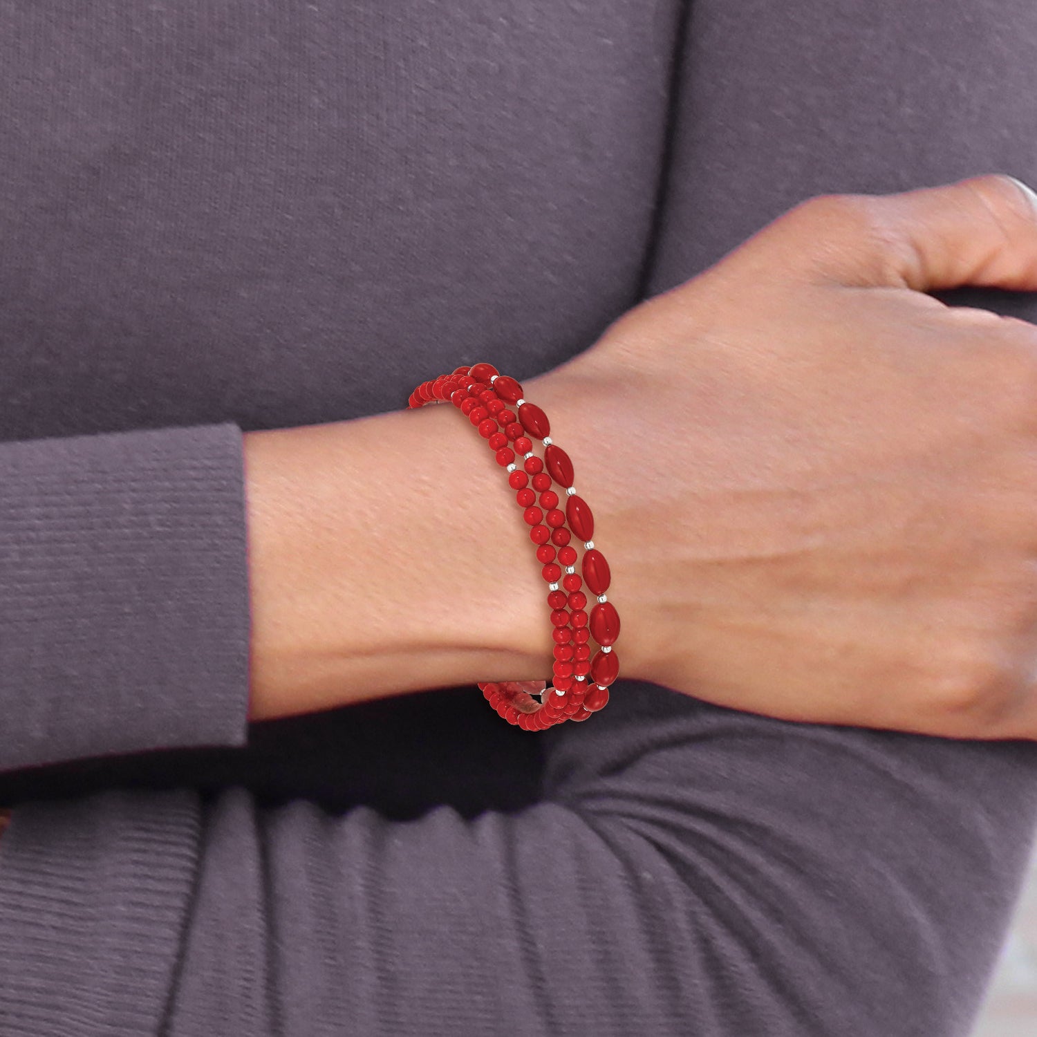 Sterling Silver Coral Beaded 3-Strand 7.75in w/1in ext Bracelet