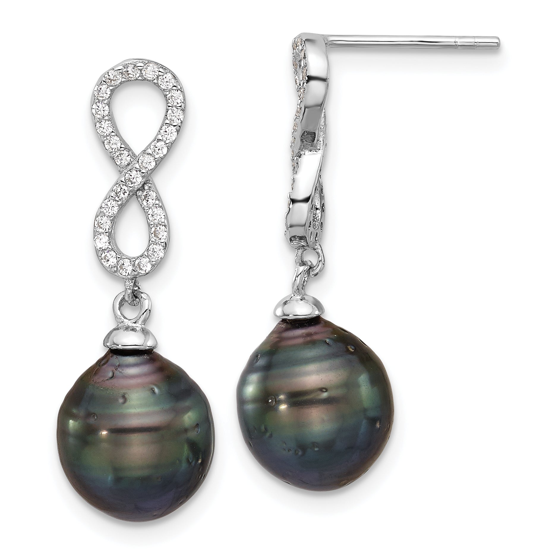 Sterling Silver RH-plated Tahitian Pearl/CZ Infinity Necklace/Earring Set