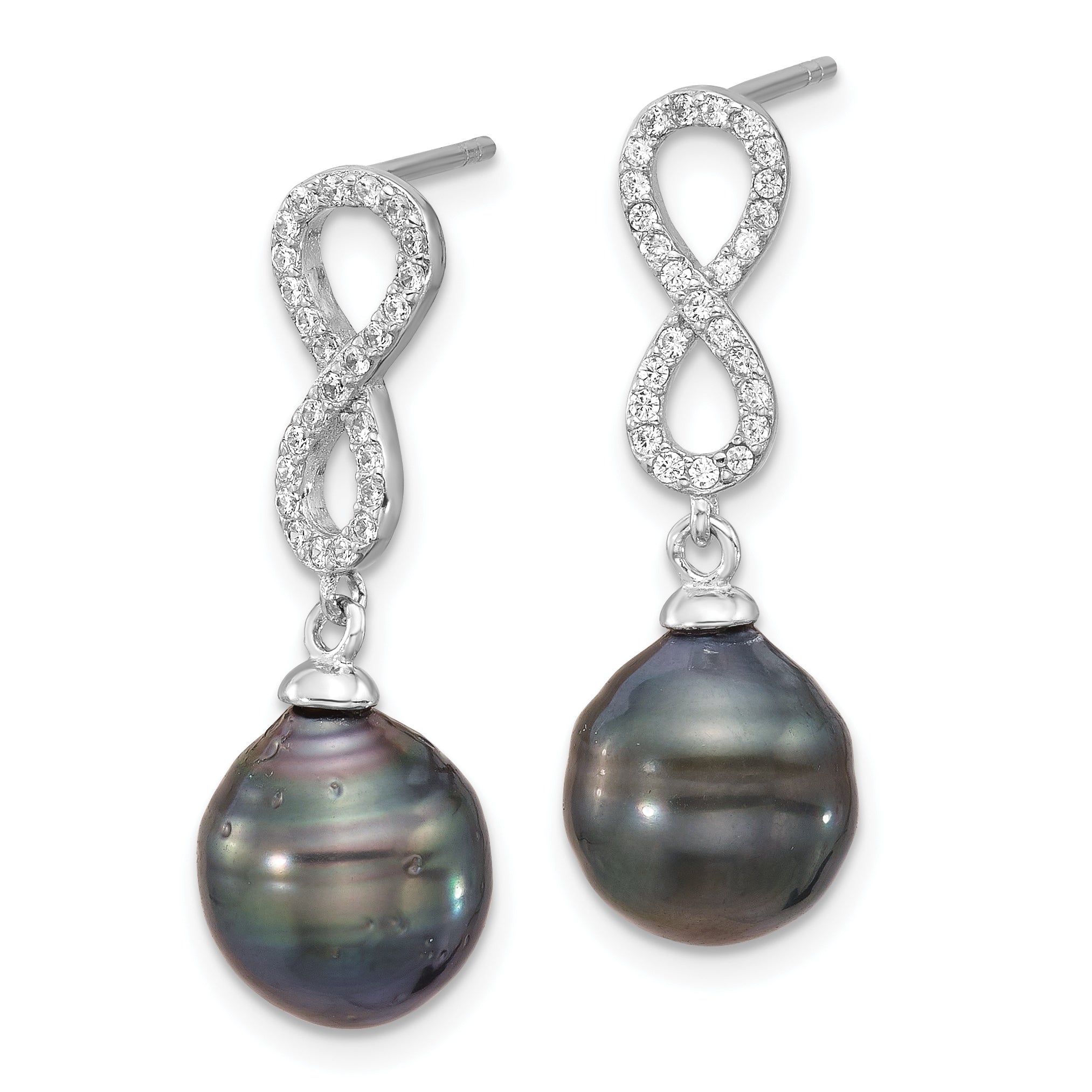 Sterling Silver RH-plated Tahitian Pearl/CZ Infinity Necklace/Earring Set