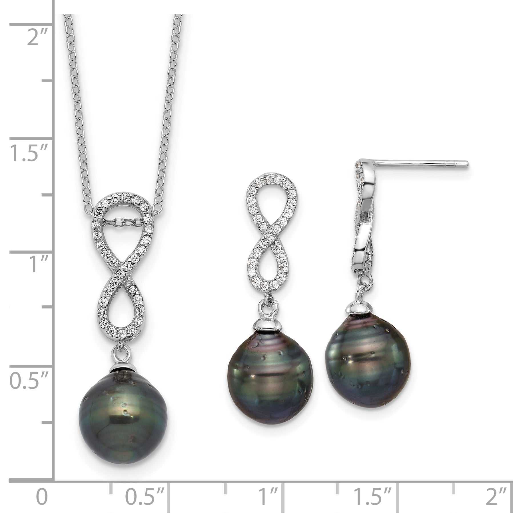 Sterling Silver RH-plated Tahitian Pearl/CZ Infinity Necklace/Earring Set