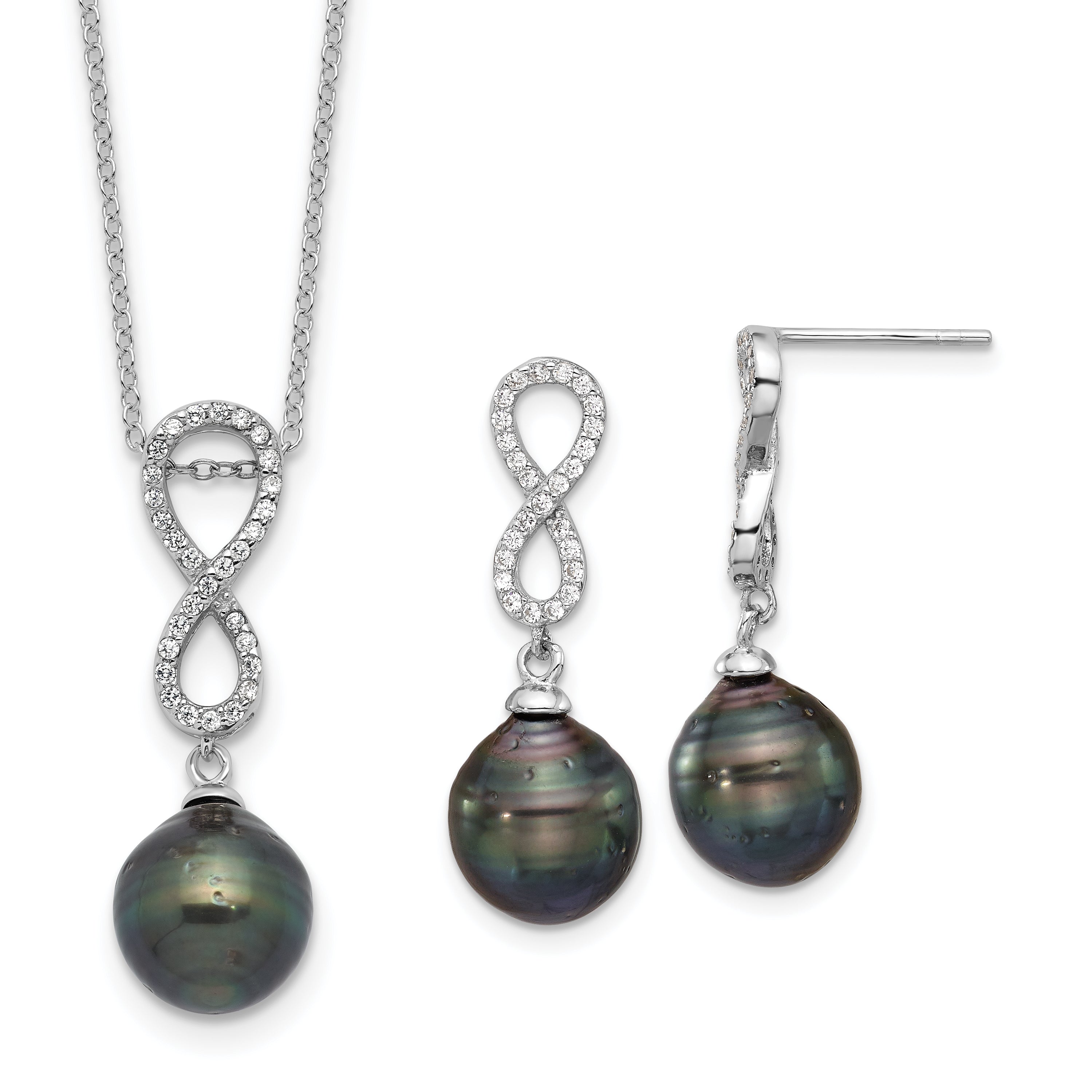 Sterling Silver RH-plated Tahitian Pearl/CZ Infinity Necklace/Earring Set