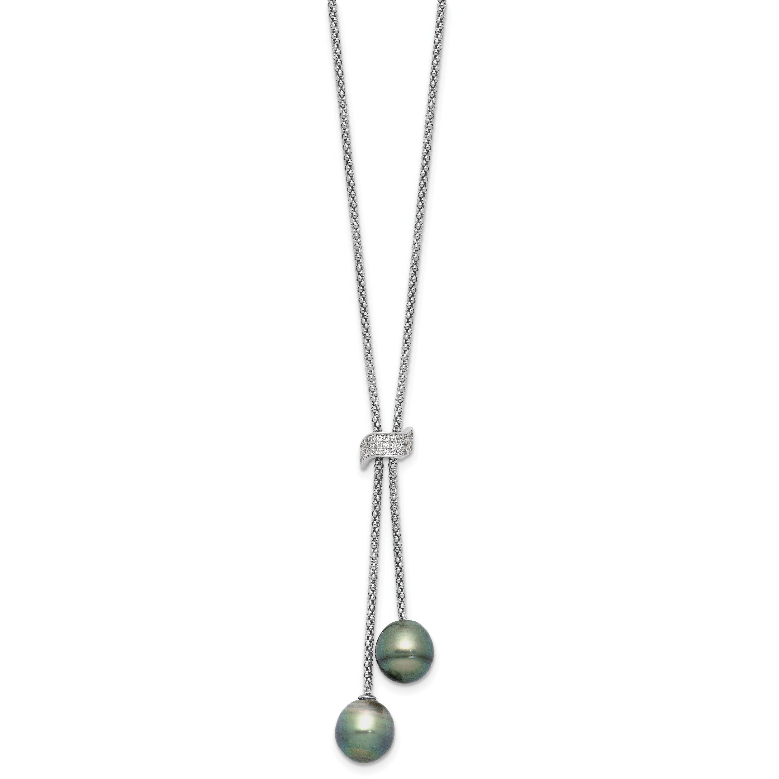 Sterling Silver RH-plated Tahitian Pearl/CZ Dangle w/2in ext Necklace