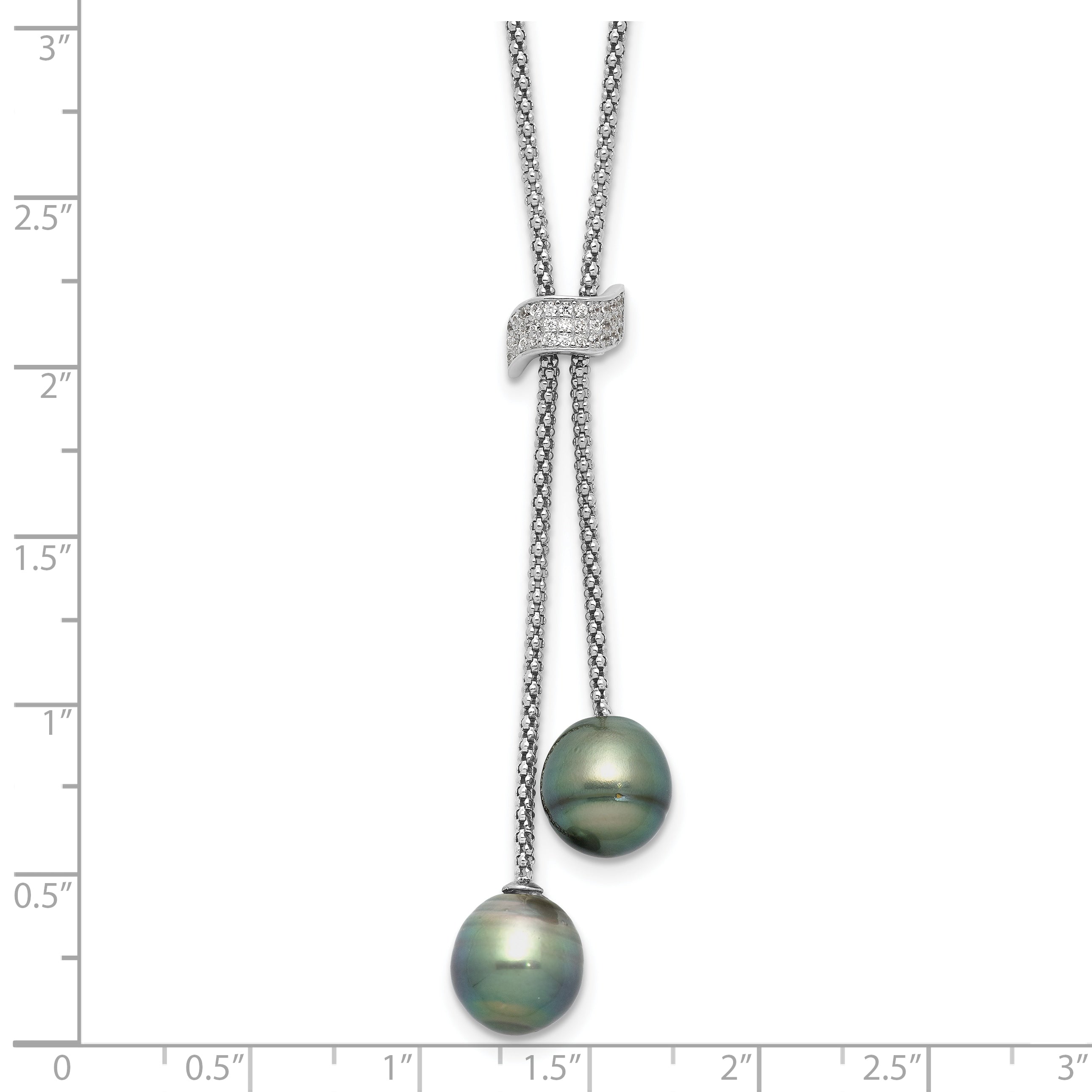 Sterling Silver RH-plated Tahitian Pearl/CZ Dangle w/2in ext Necklace