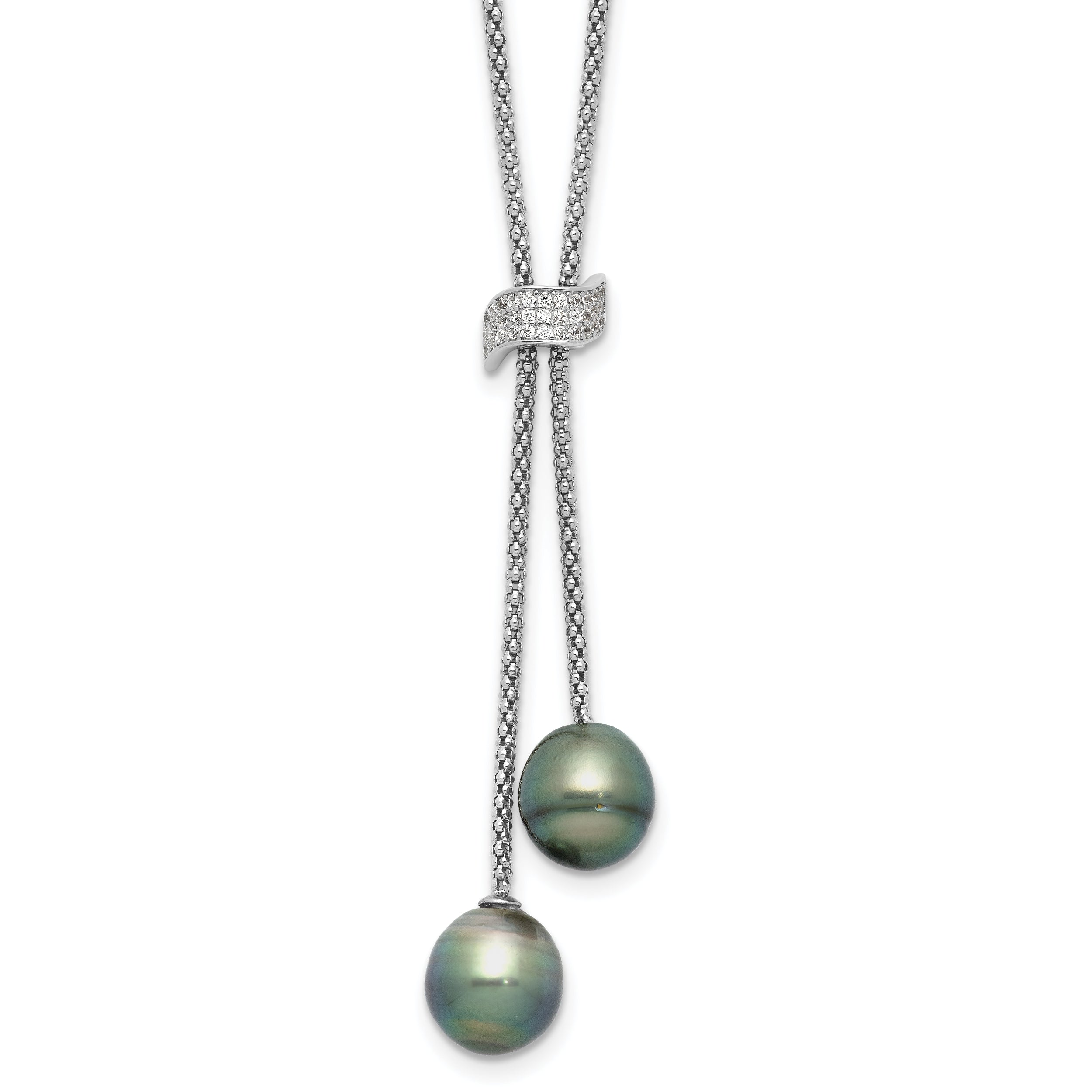 Sterling Silver RH-plated Tahitian Pearl/CZ Dangle w/2in ext Necklace