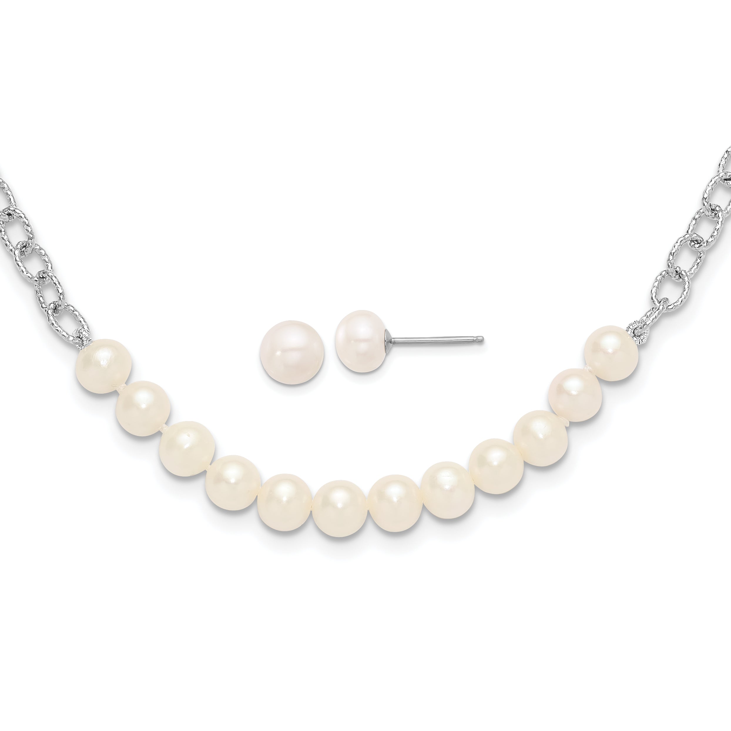 Sterling Silver RH-plated White FWC Pearl 18in Necklace/Post Earring Set