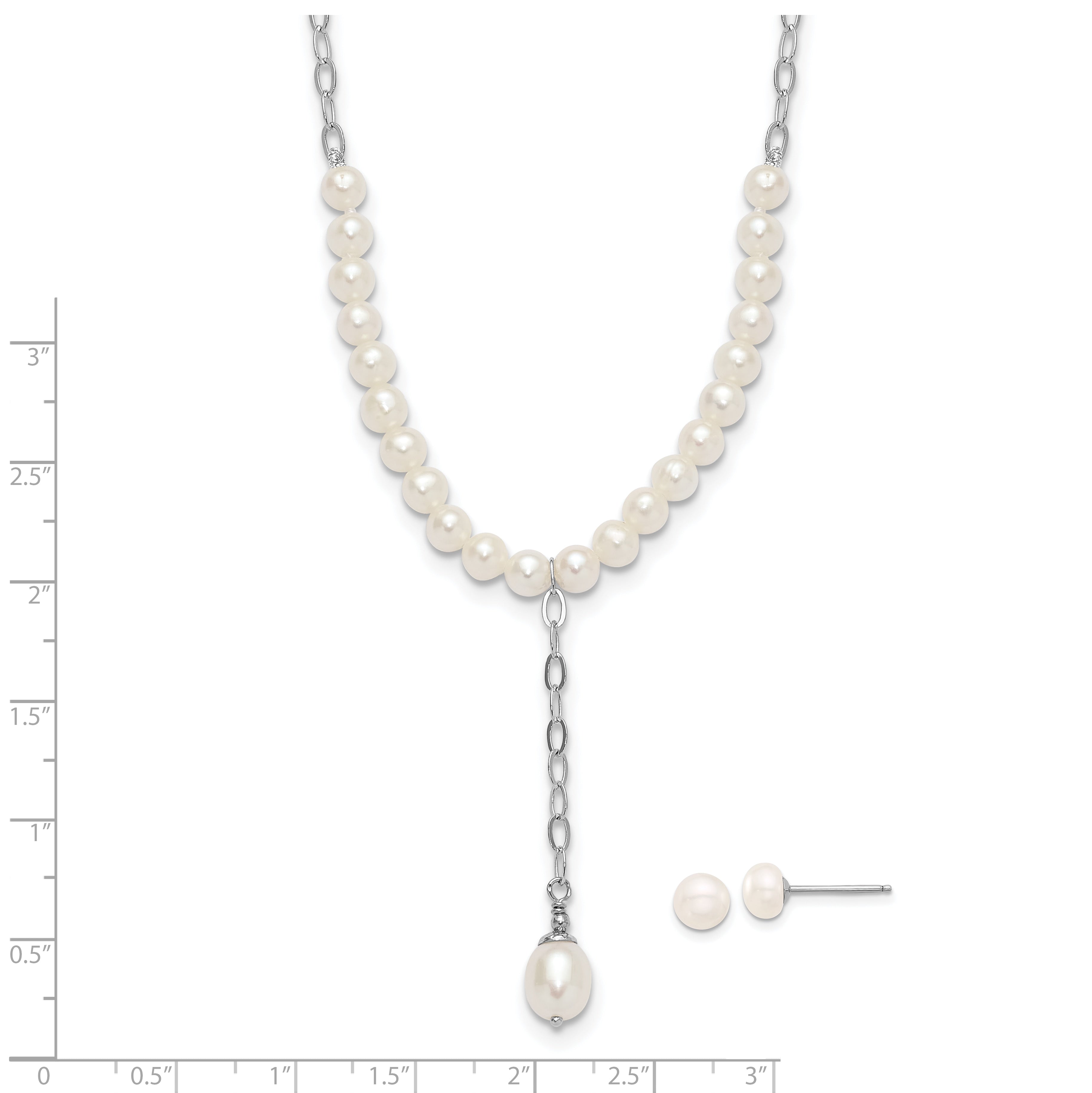 Sterling Silver RH-plated FWC Pearl Dangle 18in Necklace/Post Earring Set