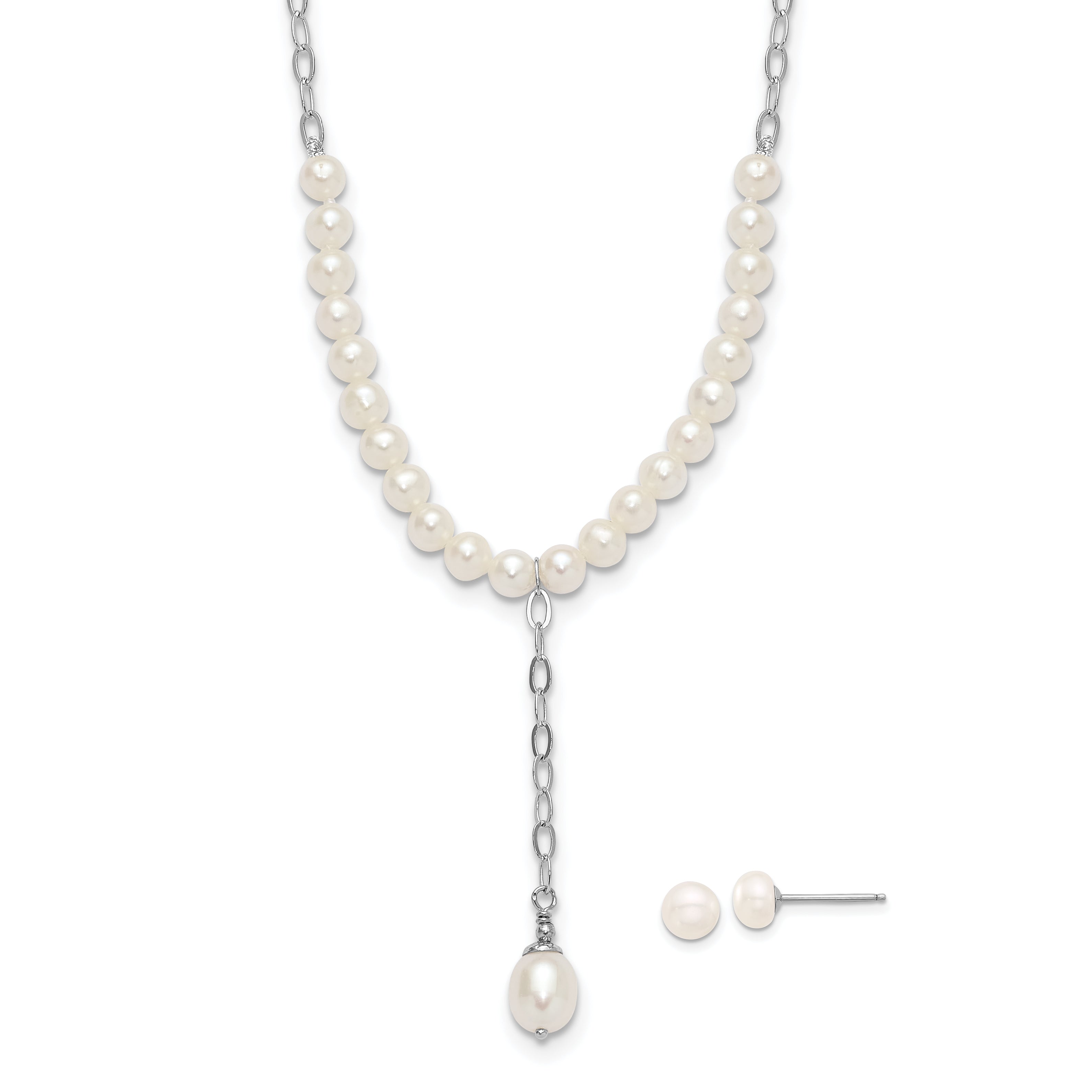 Sterling Silver RH-plated FWC Pearl Dangle 18in Necklace/Post Earring Set