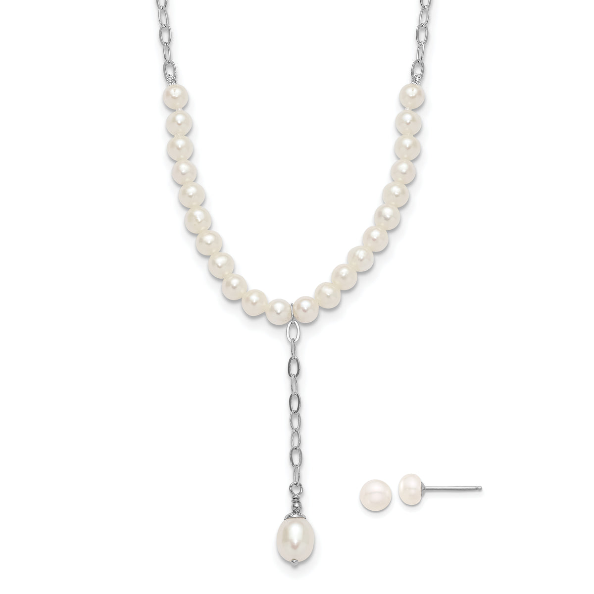 Sterling Silver RH-plated FWC Pearl Dangle 18in Necklace/Post Earring Set