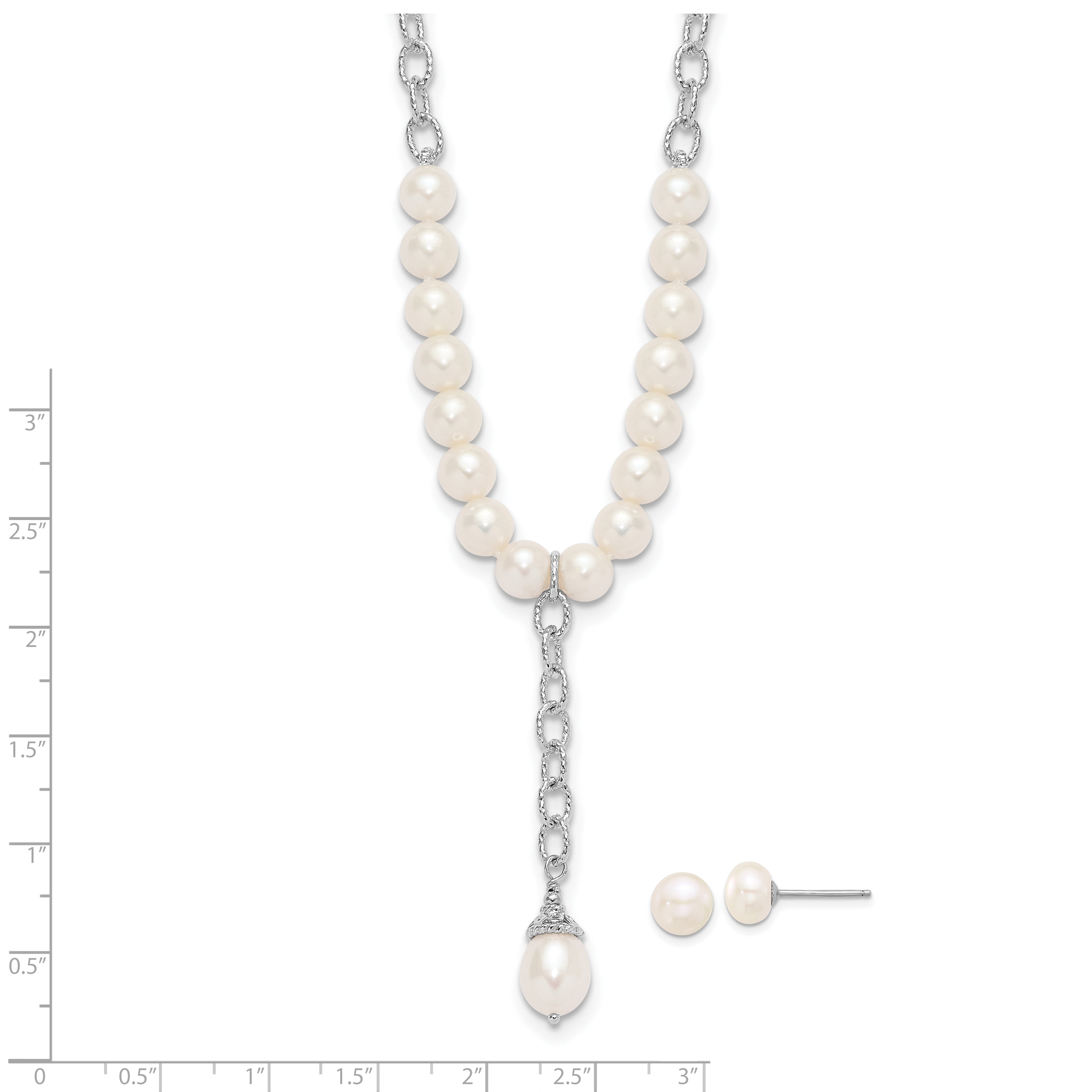 Sterling Silver RH-plated FWC Pearl Dangle 18in Necklace/Post Earring Set