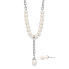 Sterling Silver RH-plated FWC Pearl Dangle 18in Necklace/Post Earring Set