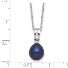 Sterling Silver RH-plated 8-9mm Teardrop Black FWC Pearl/CZ Necklace