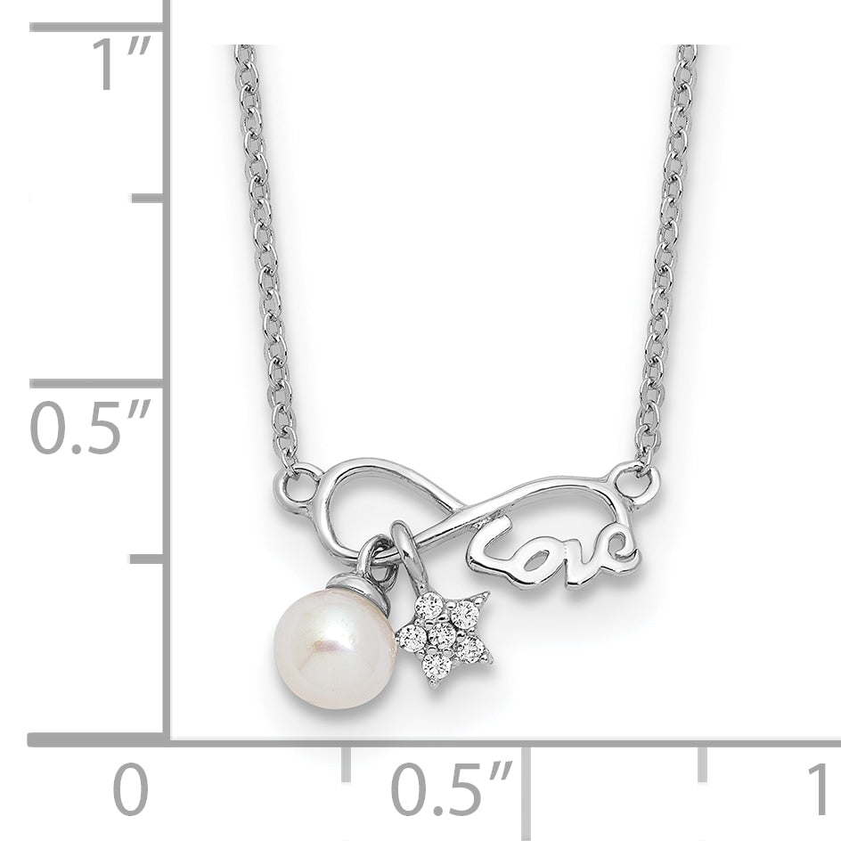 Sterling Silver RH-plated CZ 4mm FWC Pearl LOVE Infinity w/2in ext Necklace