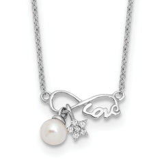 Sterling Silver RH-plated CZ 4mm FWC Pearl LOVE Infinity w/2in ext Necklace