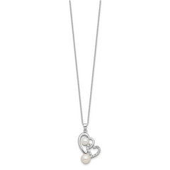 Sterling Silver RH-plated 6-7.5mm FWC Pearl/CZ Double Heart Necklace