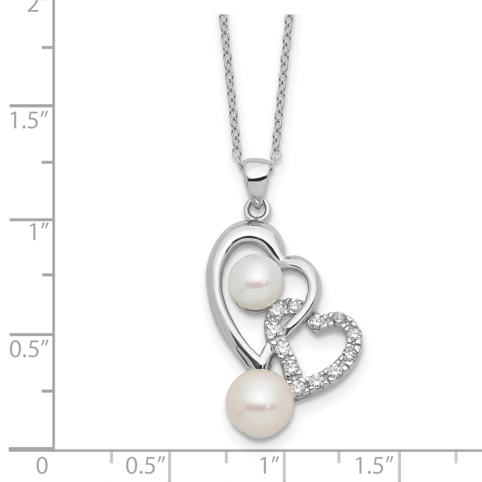 Sterling Silver RH-plated 6-7.5mm FWC Pearl/CZ Double Heart Necklace