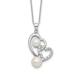 Sterling Silver RH-plated 6-7.5mm FWC Pearl/CZ Double Heart Necklace