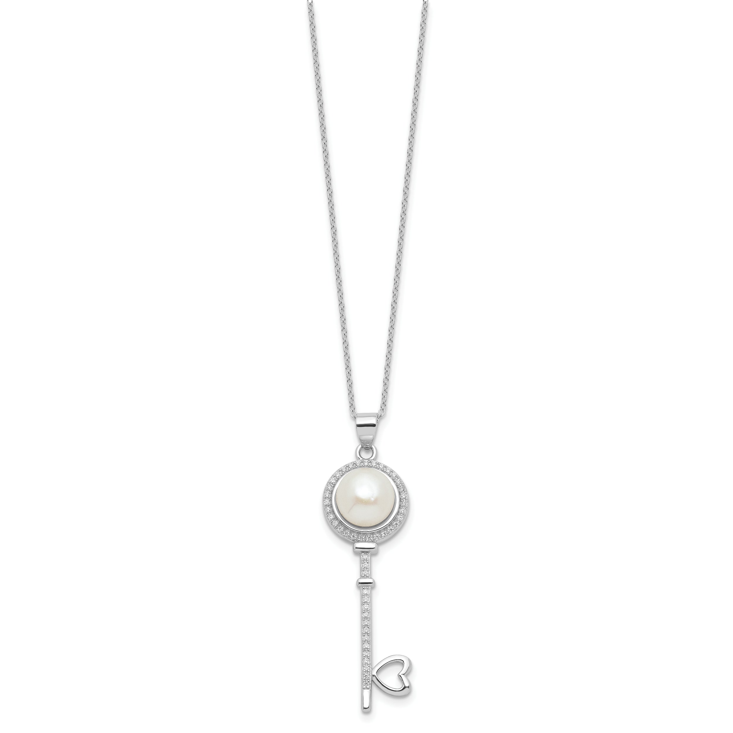 Sterling Silver Rhod-plated Pearl/CZ Key with Heart w/2IN Ext Necklace