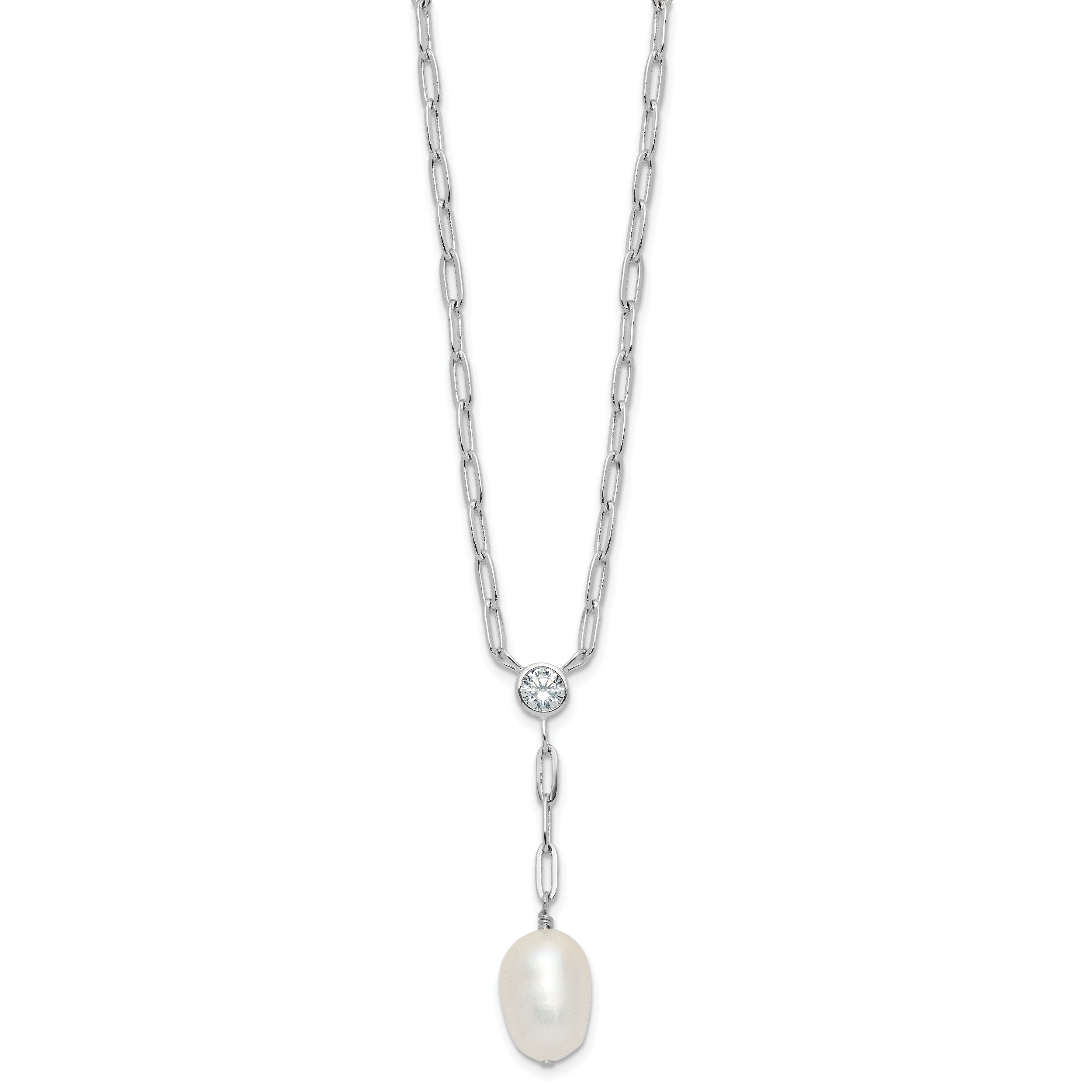 Sterling Silver Rhod-plated Paperclip CZ/Pearl Drop Necklace