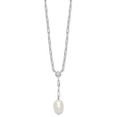 Sterling Silver Rhod-plated Paperclip CZ/Pearl Drop Necklace