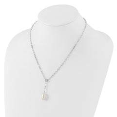 Sterling Silver Rhod-plated Paperclip CZ/Pearl Drop Necklace