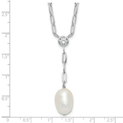 Sterling Silver Rhod-plated Paperclip CZ/Pearl Drop Necklace