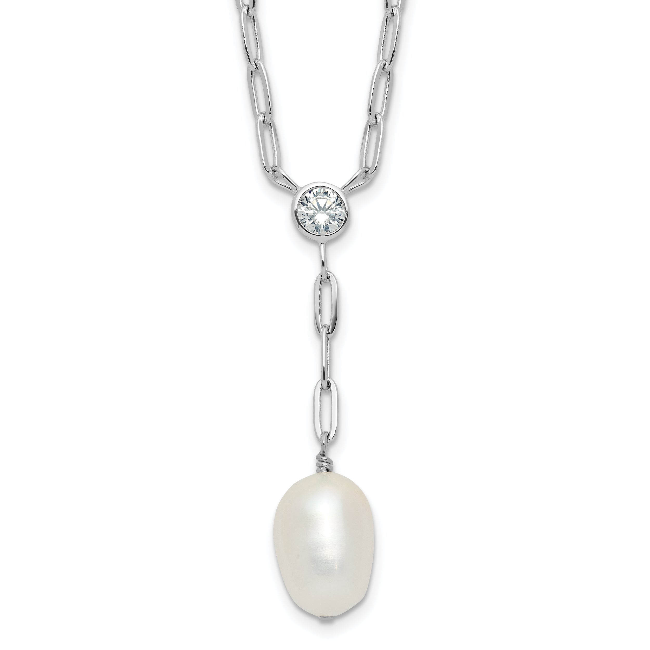 Sterling Silver Rhod-plated Paperclip CZ/Pearl Drop Necklace