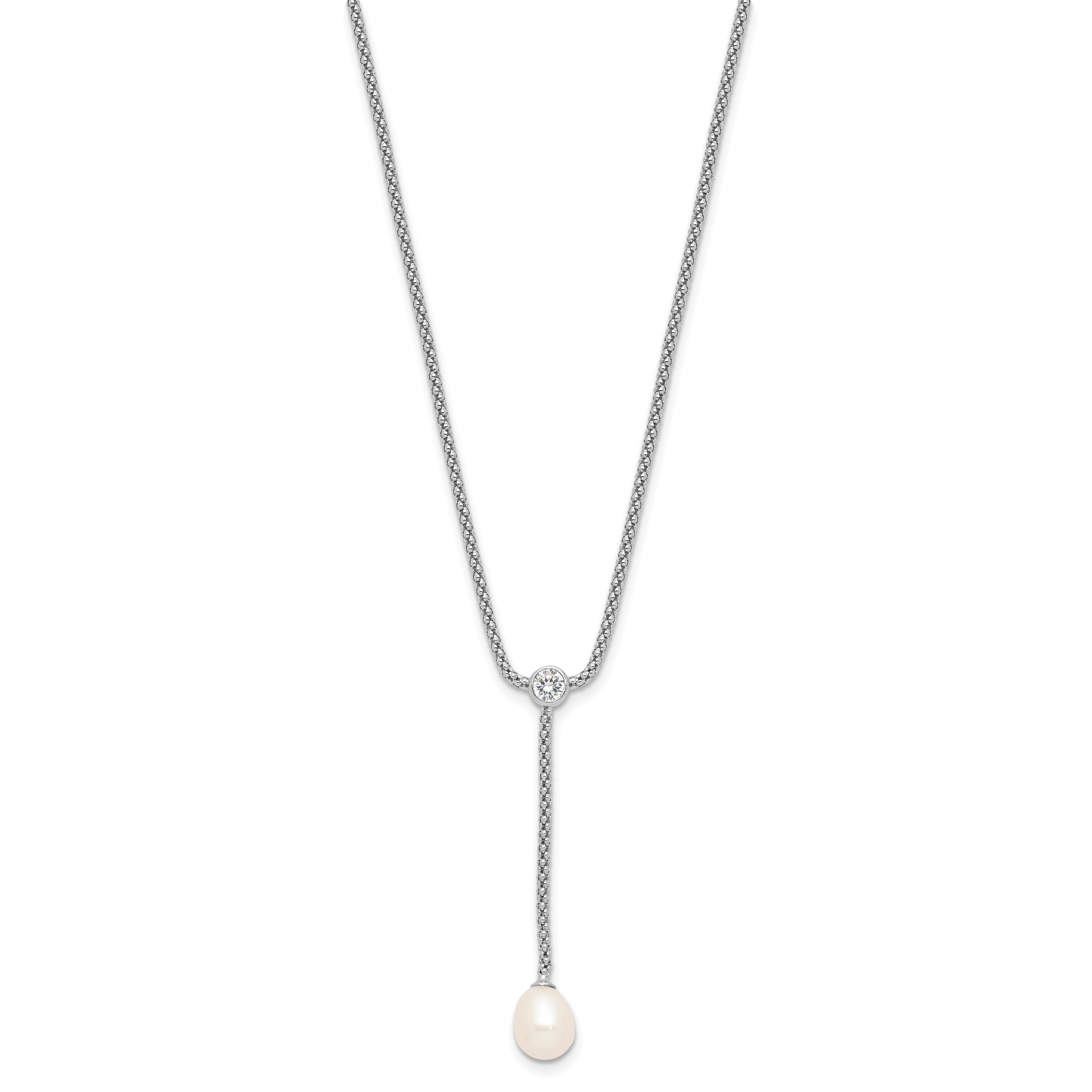 Sterling Silver RH-plated 8-9mm FWC Pearl/CZ Drop Dangle 18in Necklace