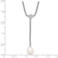 Sterling Silver RH-plated 8-9mm FWC Pearl/CZ Drop Dangle 18in Necklace