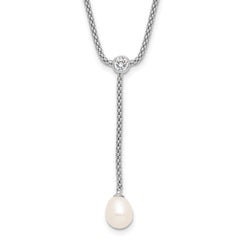 Sterling Silver RH-plated 8-9mm FWC Pearl/CZ Drop Dangle 18in Necklace