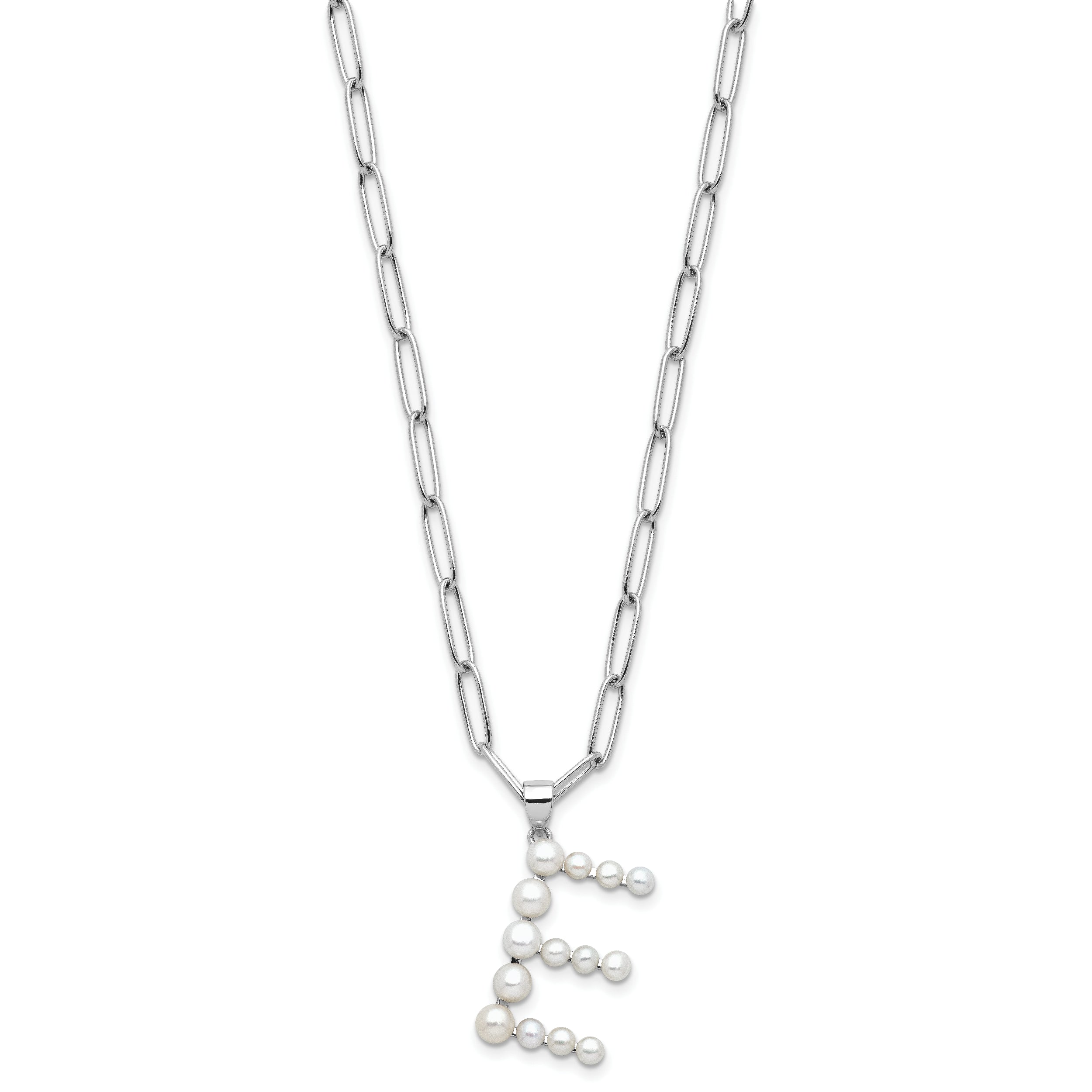 Sterling Silver RH-plated 3-5.5mm FWC Pearl LETTER E 18in Necklace