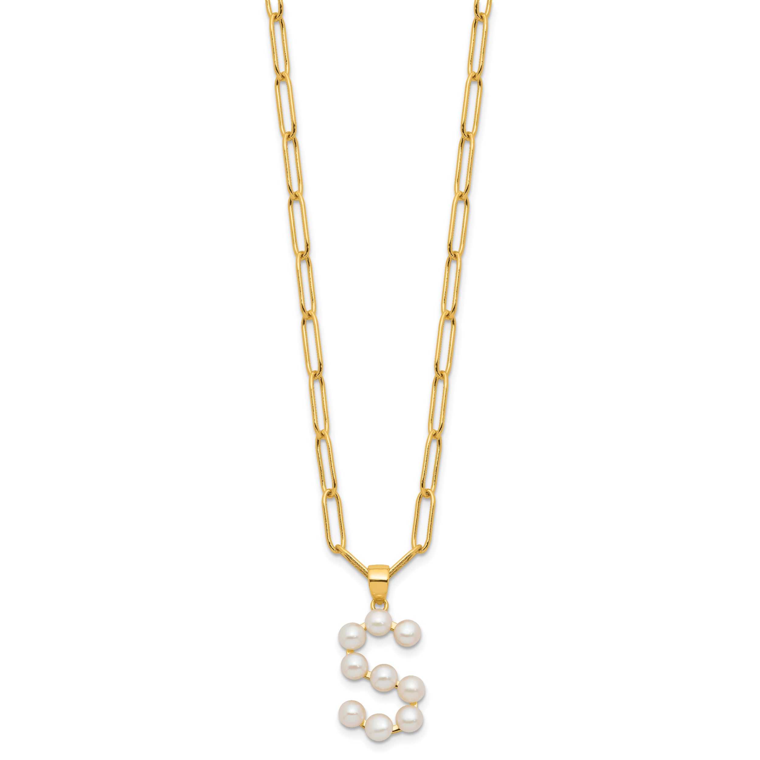 Sterling Silver Gold-plated 3-5.5mm FWC Pearl LETTER S 18in Necklace