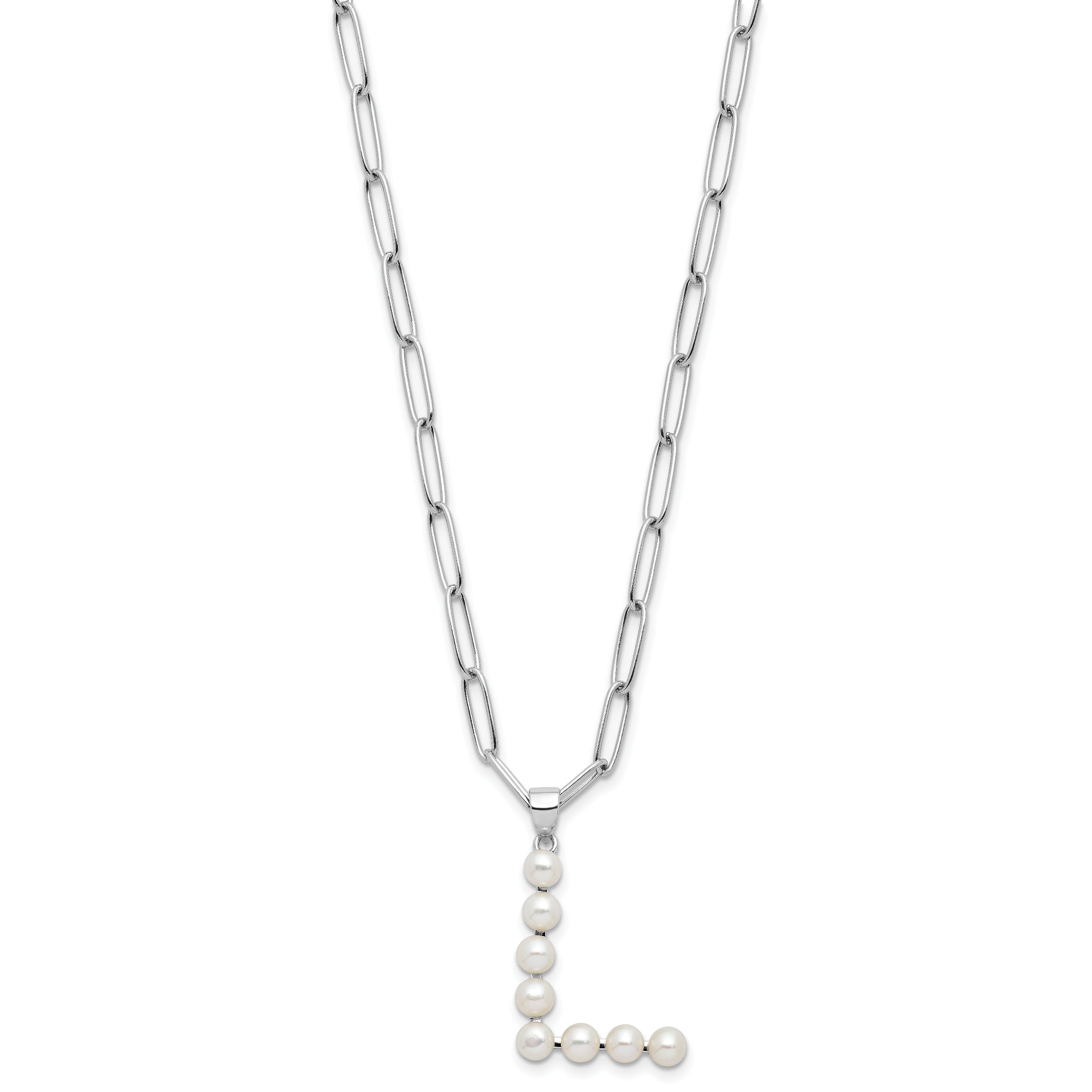 Sterling Silver RH-plated 3-5.5mm FWC Pearl LETTER L 18in Necklace