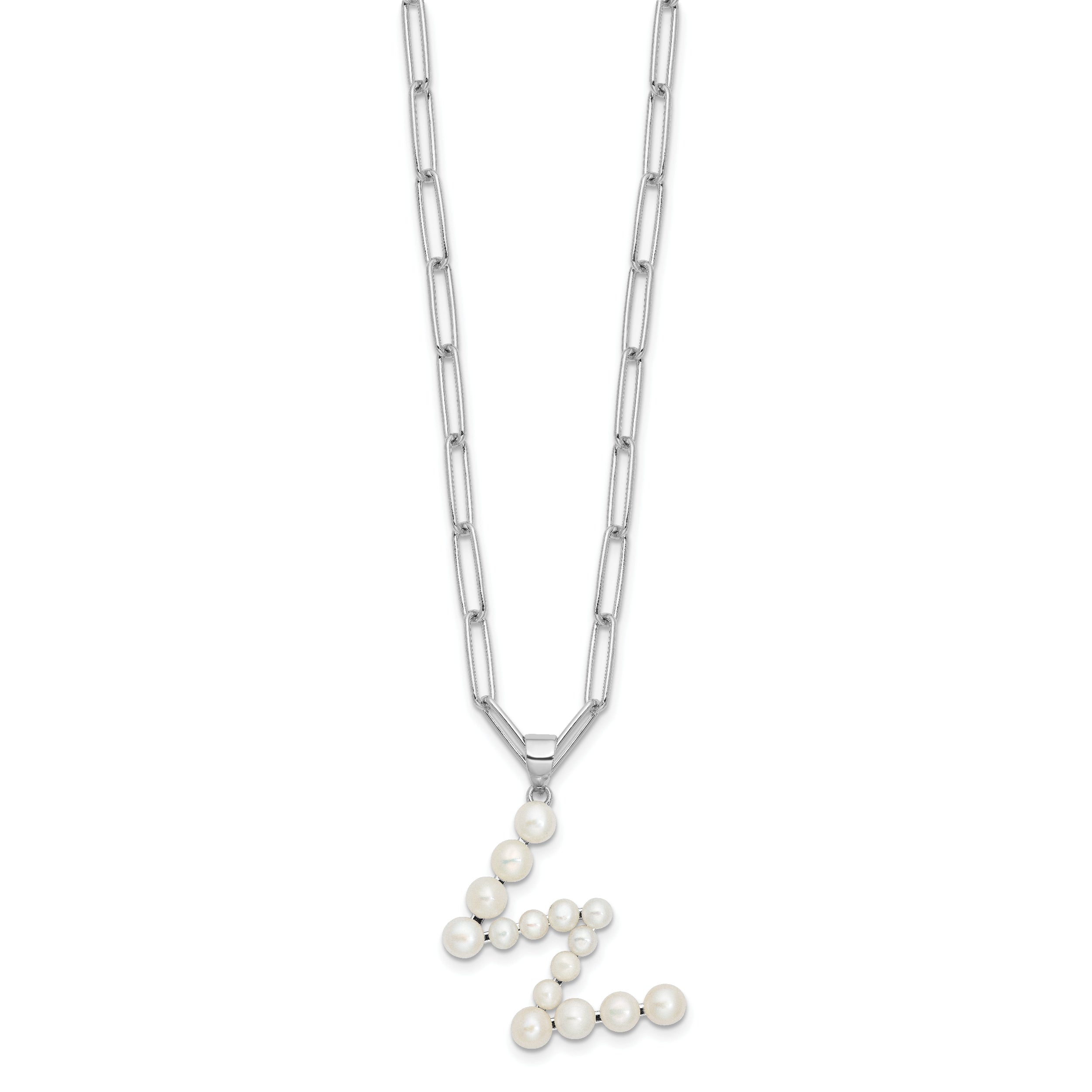 Sterling Silver RH-plated 3-5.5mm FWC Pearl LETTER W 18in Necklace