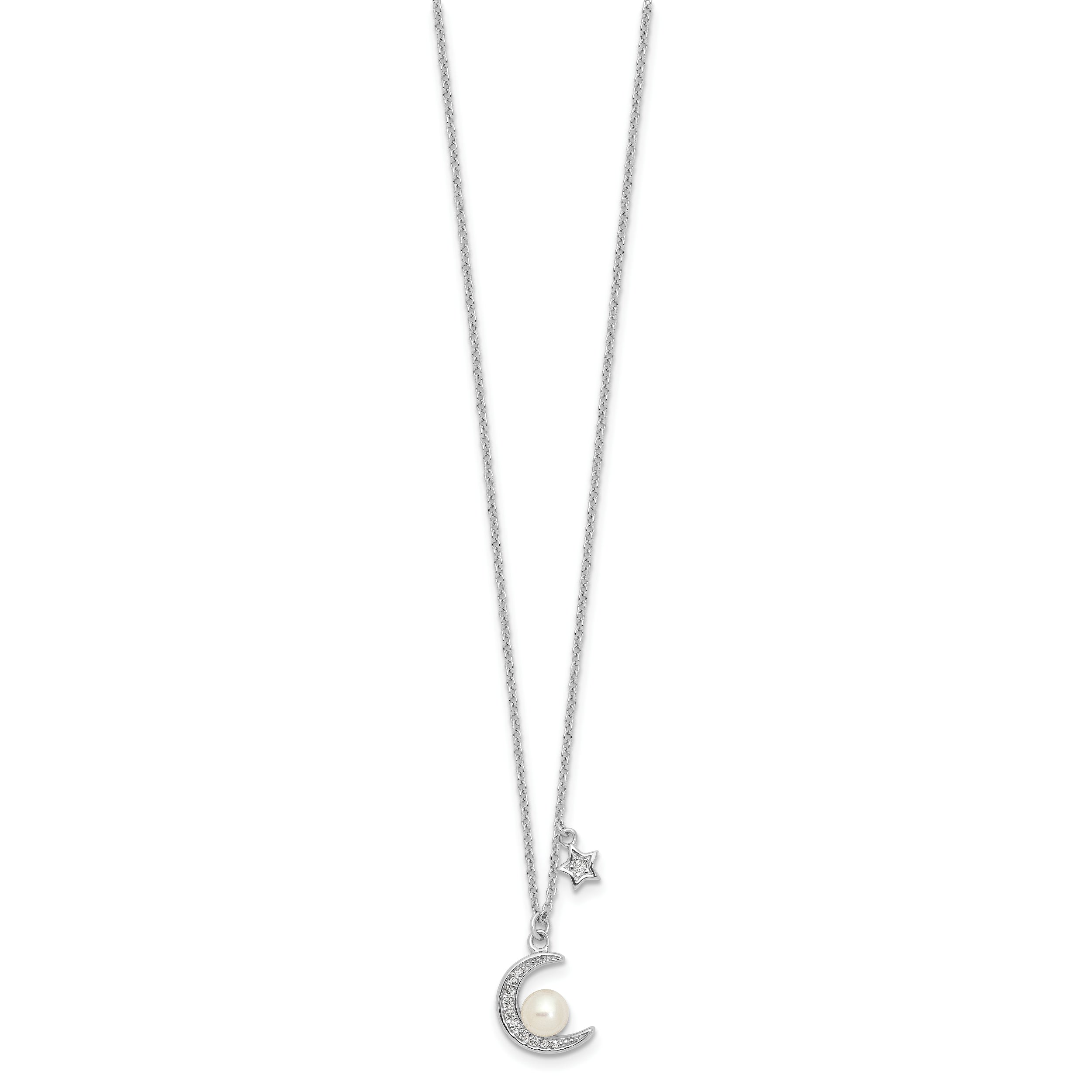 Sterling Silver Rhod-plated CZ and FWC Pearl Moon and Star 18in Necklace