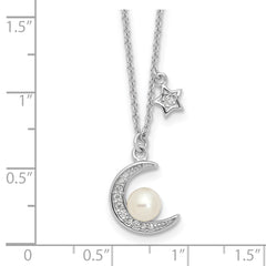 Sterling Silver Rhod-plated CZ and FWC Pearl Moon and Star 18in Necklace