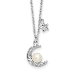 Sterling Silver Rhod-plated CZ and FWC Pearl Moon and Star 18in Necklace