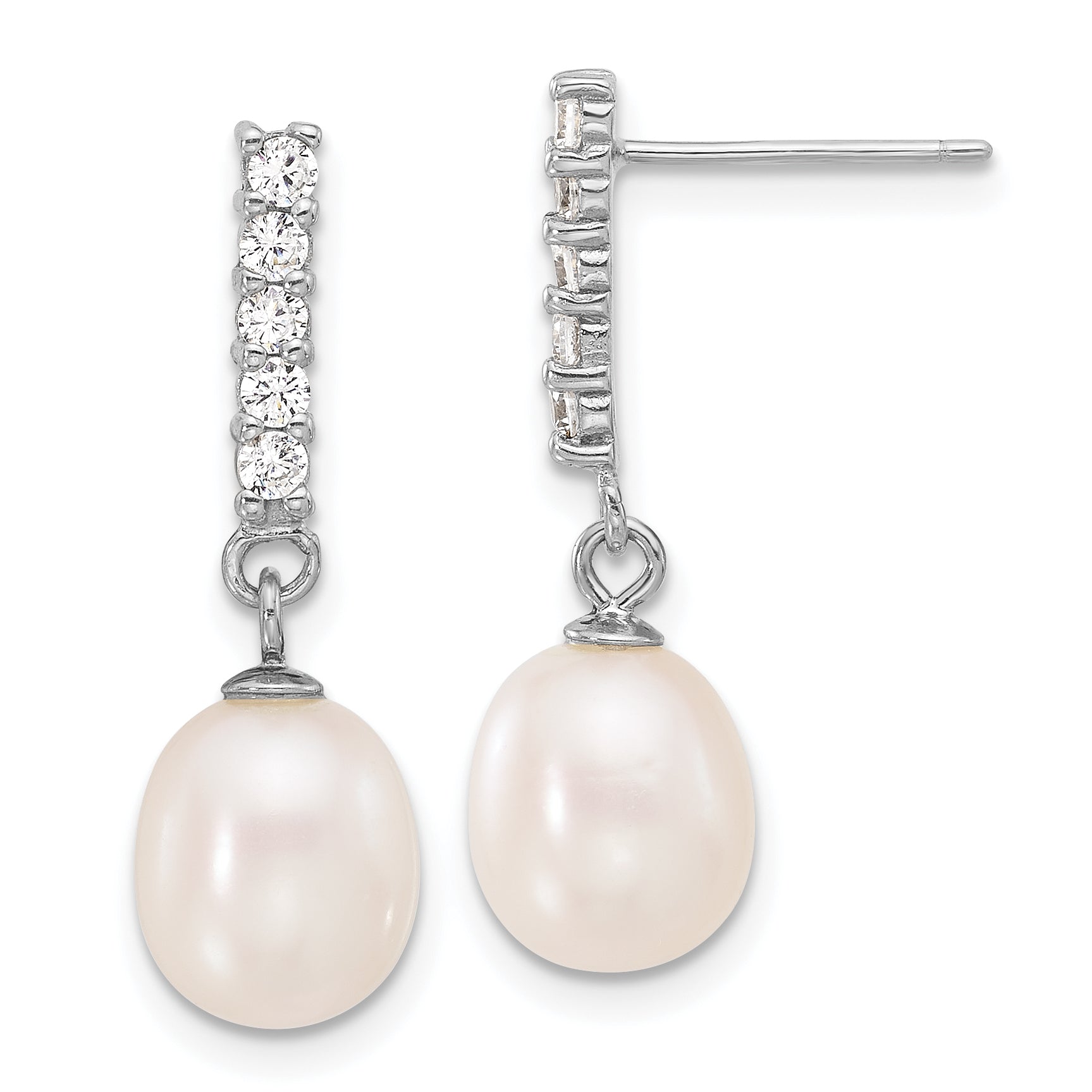 Sterling Silver RH-plated FWC Pearl/CZ 17in Necklace and Post Earrings Set