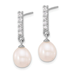 Sterling Silver RH-plated FWC Pearl/CZ 17in Necklace and Post Earrings Set