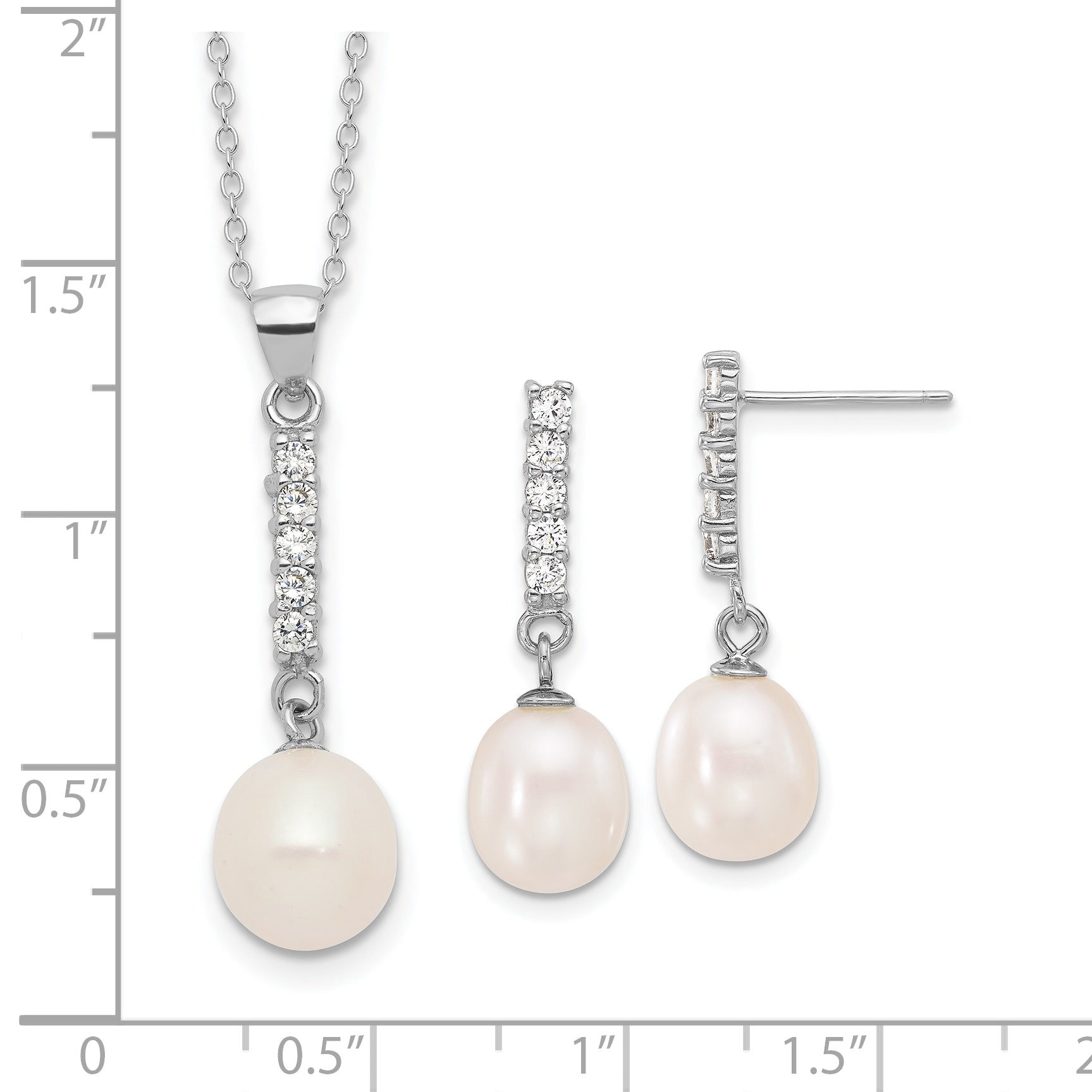 Sterling Silver RH-plated FWC Pearl/CZ 17in Necklace and Post Earrings Set