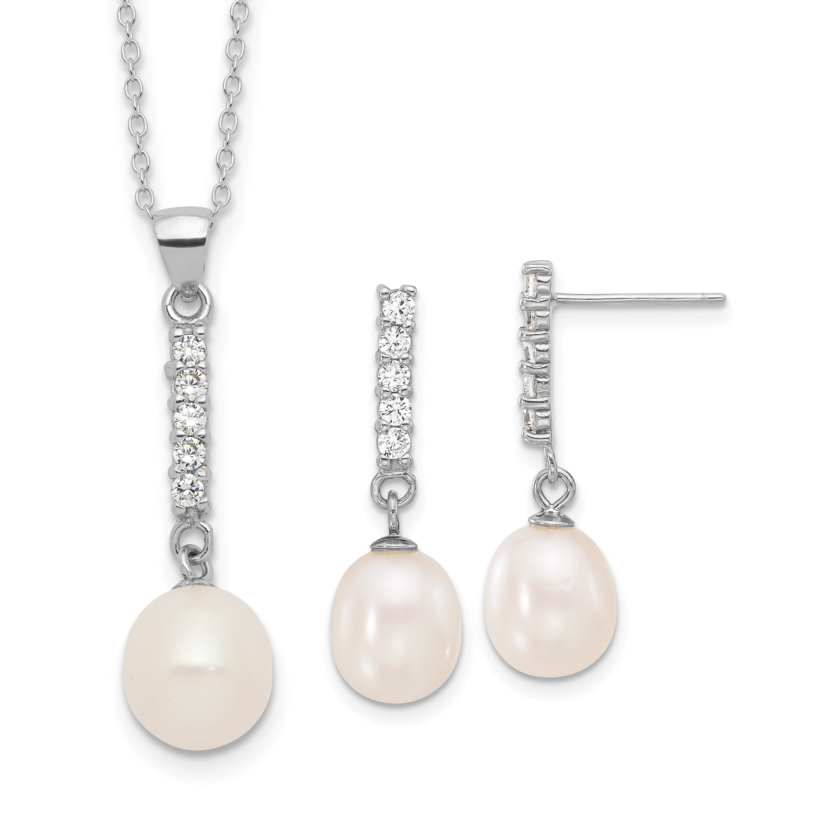 Sterling Silver RH-plated FWC Pearl/CZ 17in Necklace and Post Earrings Set