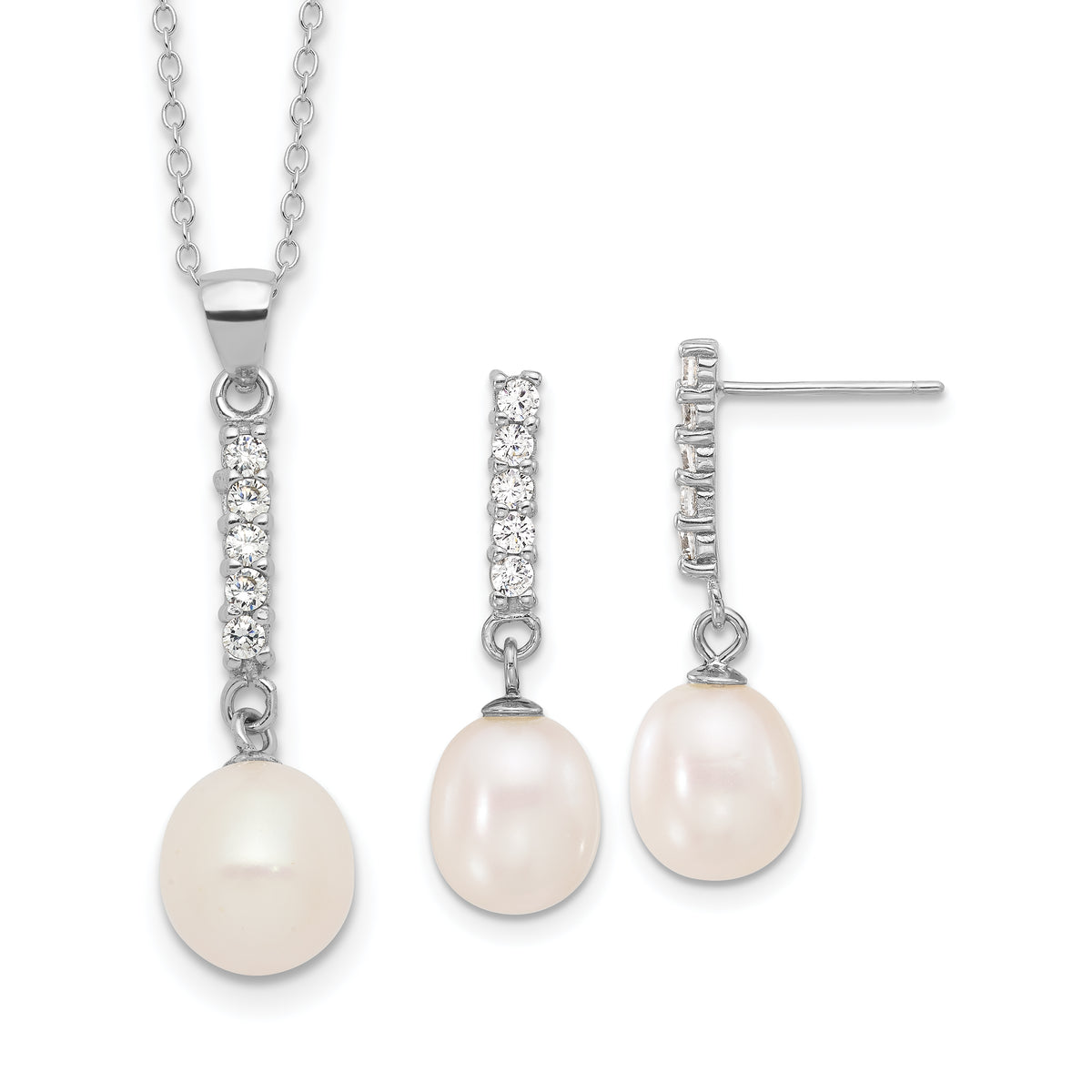 Sterling Silver RH-plated FWC Pearl/CZ 17in Necklace and Post Earrings Set