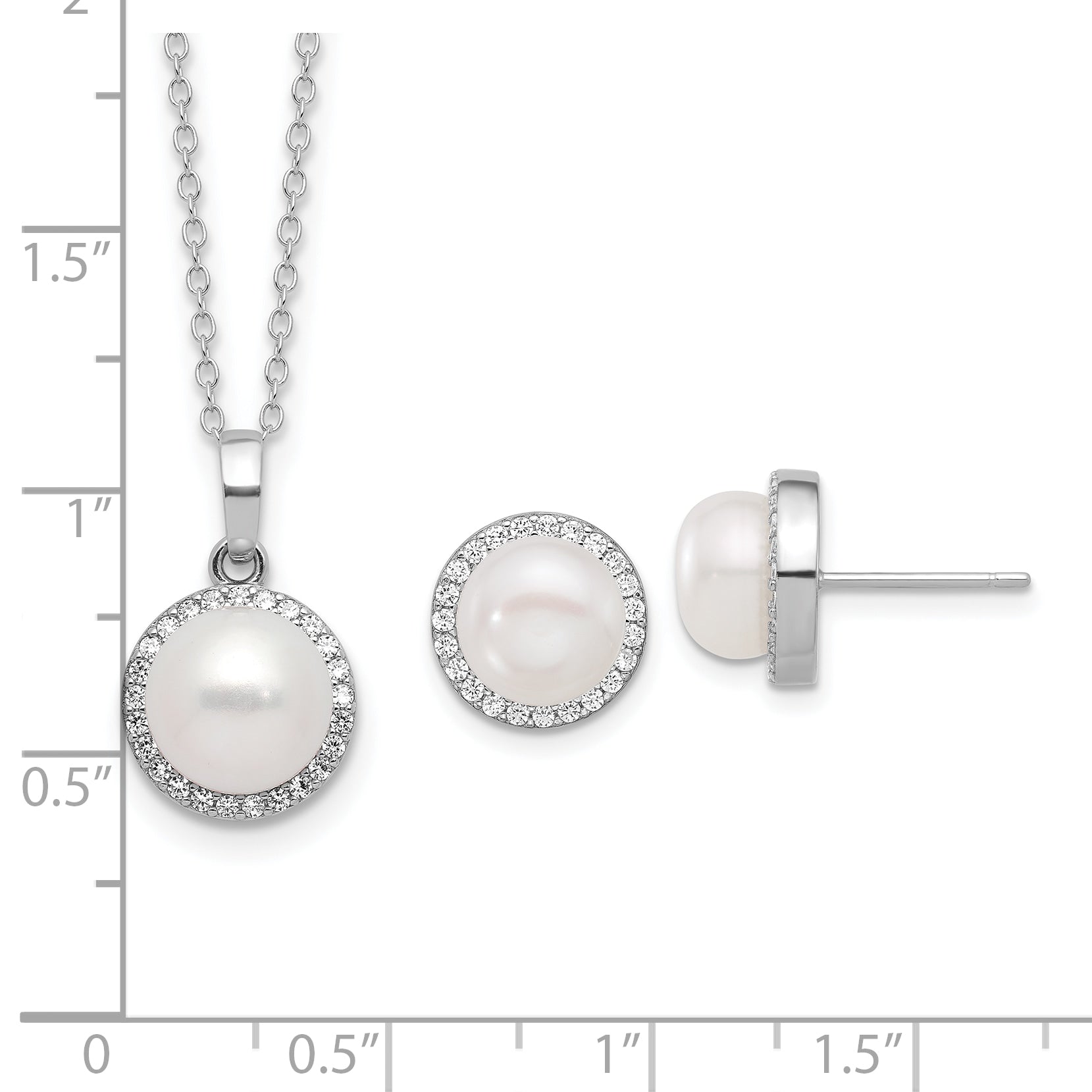 Sterling Silver RH-plated 8-9.5mm FWC Pearl/CZ Necklace/Post Earring Set