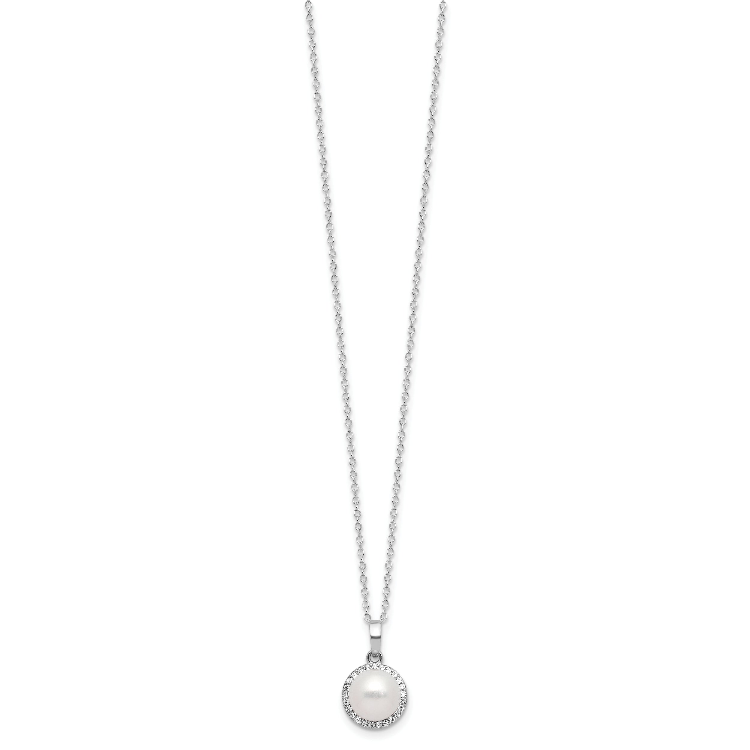 Sterling Silver RH-plated 8-9.5mm FWC Pearl/CZ Necklace/Post Earring Set