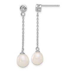 Sterling Silver RH-plated 7-8mm FWC Pearl/CZ 17in Necklace/Earrings Set