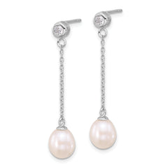 Sterling Silver RH-plated 7-8mm FWC Pearl/CZ 17in Necklace/Earrings Set